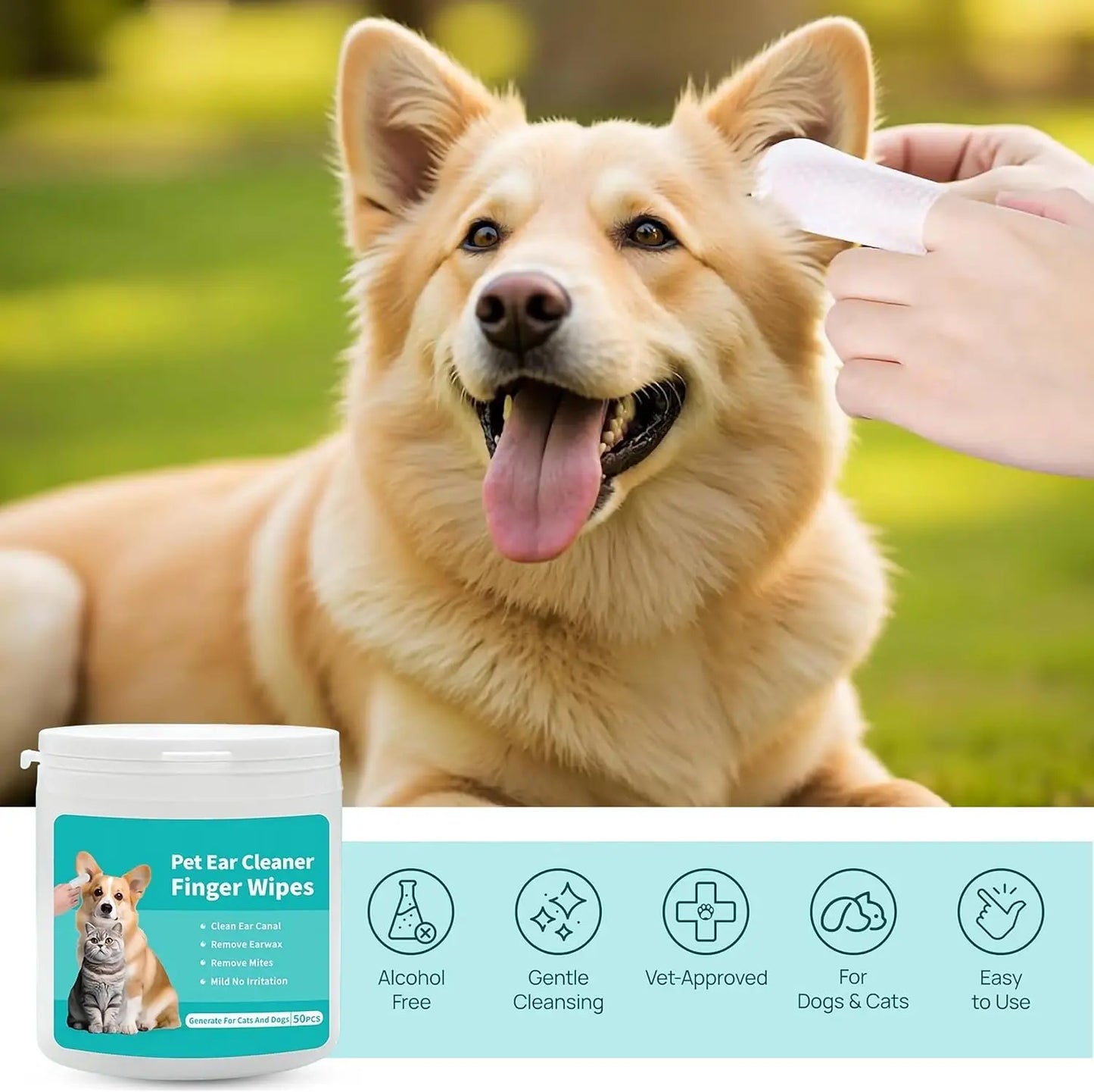 Ear Cleaning Wipes for Dogs and Cats - Comfortable Finger Design for Gentle Removal of Ear Wax, Debris, and Dirt | 50-Count Pack