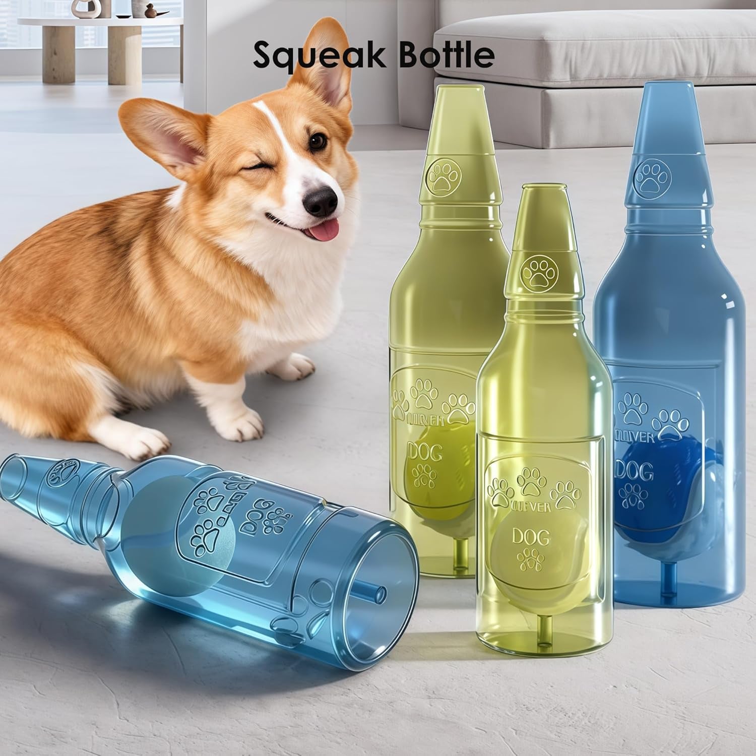 Squeaky Dog Ball Toy, Latex Chew & Fetch Toy, Wine Bottle Shape, Blue, Small