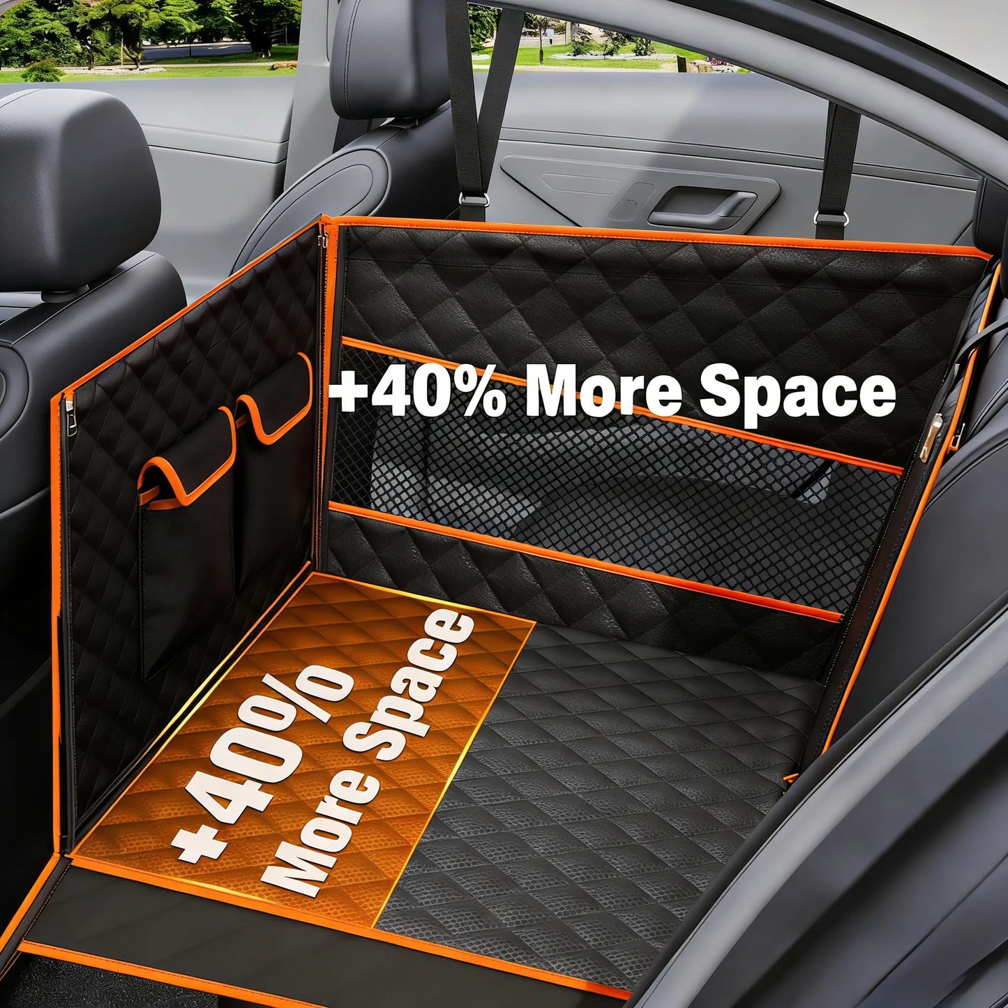Large & Medium Dog Car Basket, Rear Seat Extended Hammock Style. Hard-Floor Vehicle Compatible, Heavy-Duty Waterproof Dog Basket with 2 Mesh Windows, Storage Bag and Flip Straps, Suitable for Cars, Trucks and Suvs.