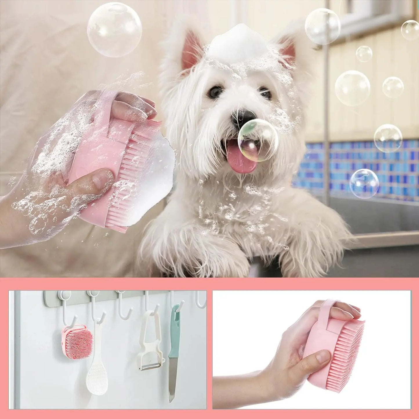 Pet Bath Soap Dispenser Massage Brush, Silicone Shampoo Dispensing Massager with Soft Bristles for Dogs and Cats, Pet Grooming Shower Massage Brush