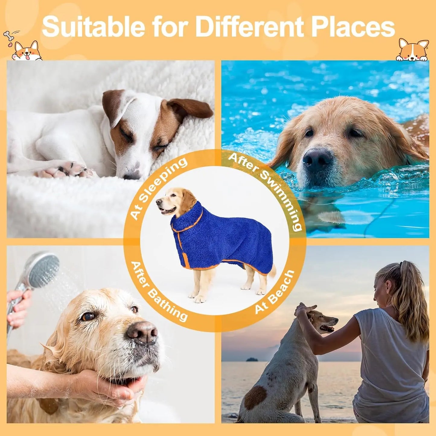 Bienbee Dog Bathrobe, Quick-Drying Super Absorbent Dog Robes for Bath, Pet Dressing Gown with Adjustable Velcro Strap, Warm Dog Clothing