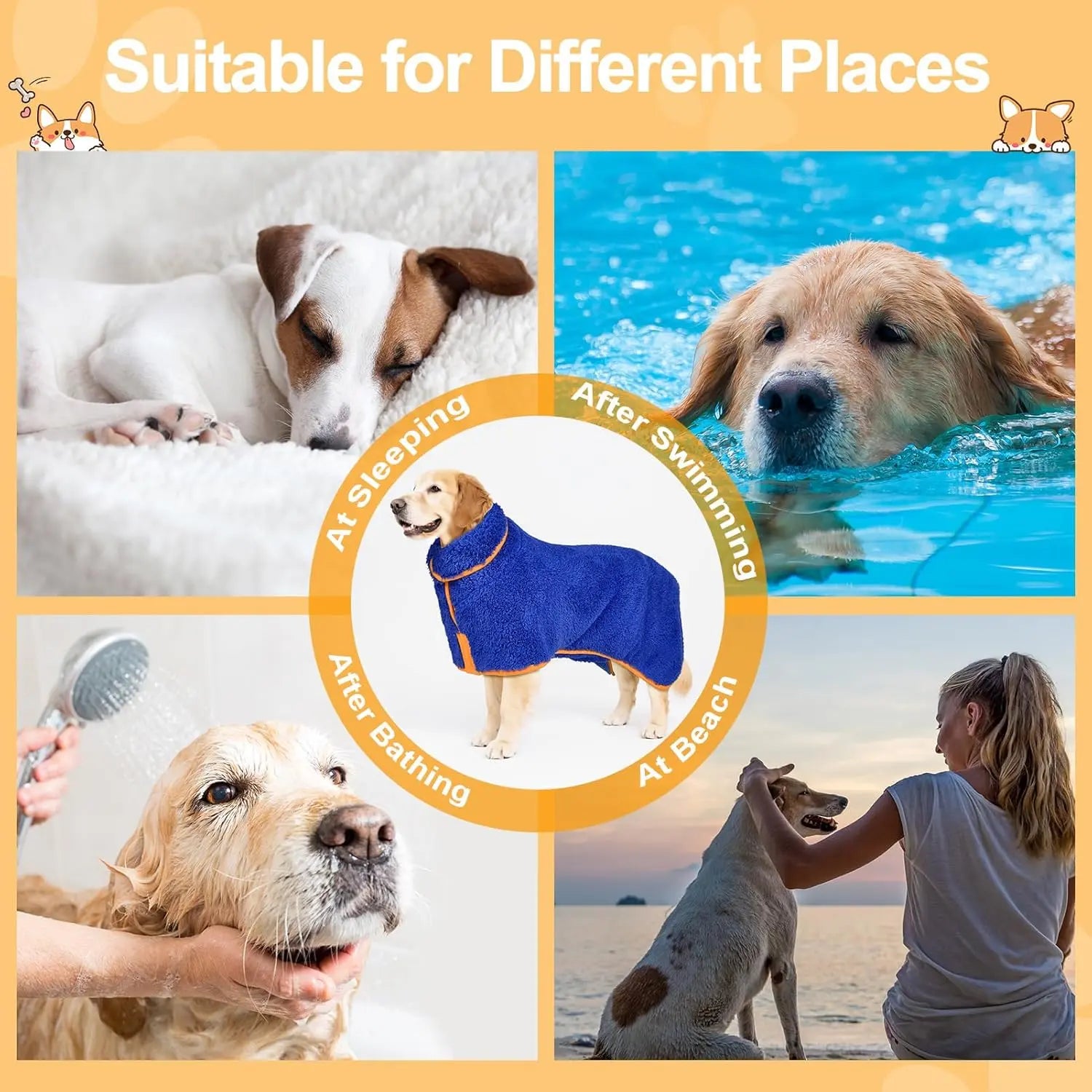 Bienbee Dog Bathrobe, Quick-Drying Super Absorbent Dog Robes for Bath, Pet Dressing Gown with Adjustable Velcro Strap, Warm Dog Clothing